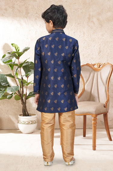 Jacquard Fabric Navy Blue Festive Wear Readymade Indo Western For Boys