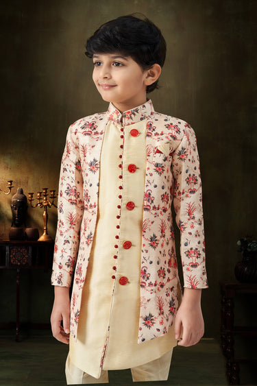 Jacquard Fabric Cream Boys Readymade Indo Western For Festive Wear