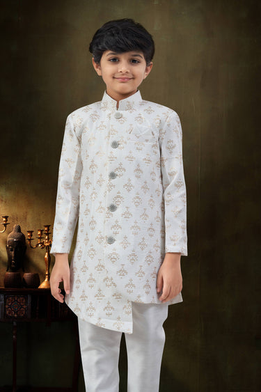Off White Art Silk Fabric Boys Readymade Indo Western For Festive Wear