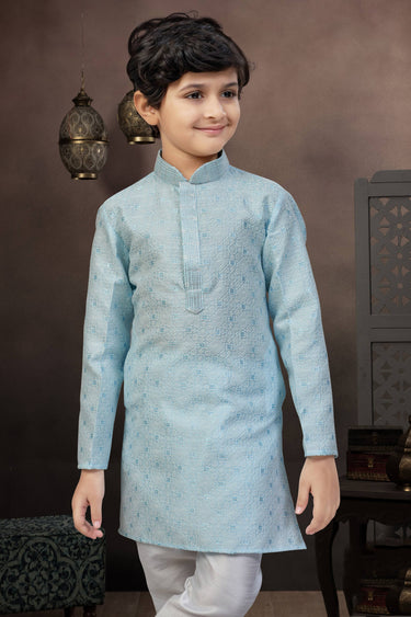 Jacquard Fabric Cyan Sangeet Wear Readymade Kurta Pyjama For Boys