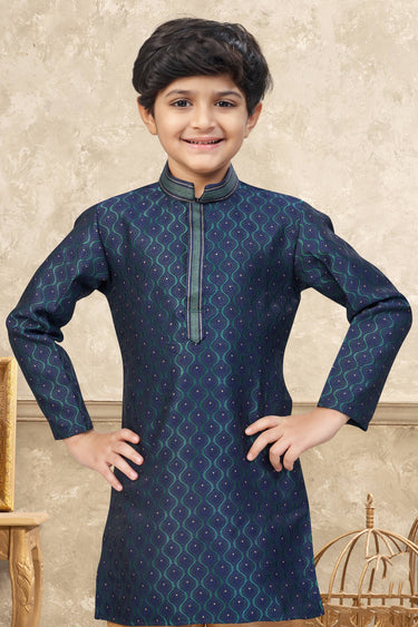 Navy Blue Jacquard Readymade Kurta Pyjama For Boys