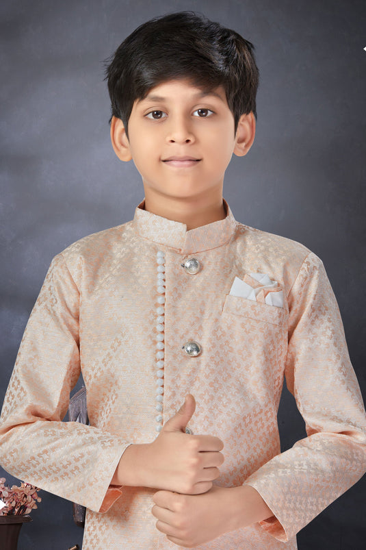 Jacquard Fabric Peach Color Traditional Wear Boys Readymade Indo Western