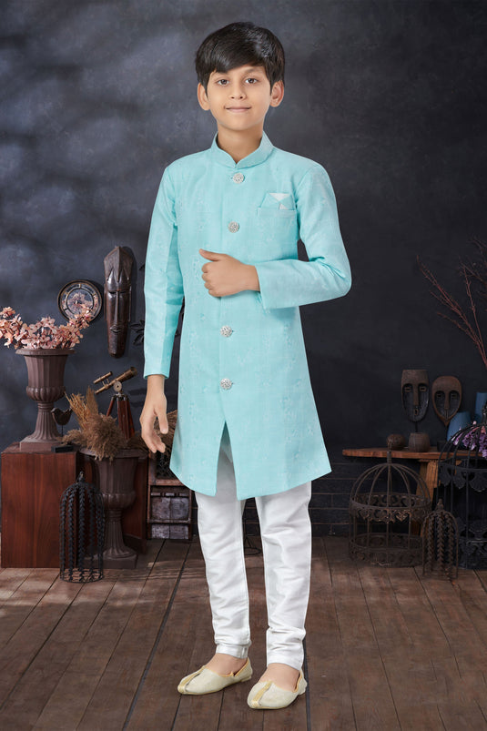 Designer Readymade Indo Western For Boys In Cyan Color