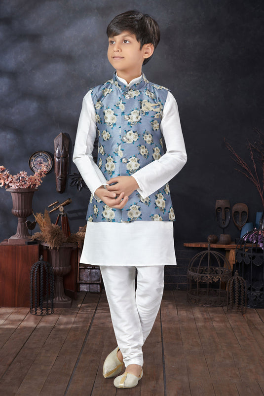 Occasion Wear Readymade Kurta Pyjama For Boys In Off White Color