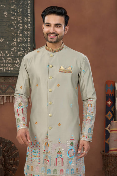 Art Silk Fabric Grey Wedding Wear Readymade Indo Western For Men