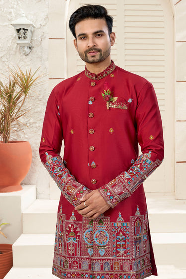 Art Silk Fabric Maroon Wedding Wear Readymade Indo Western For Men