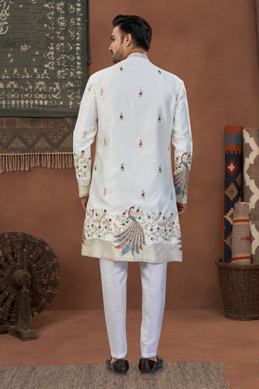 Cream Wedding Wear Art Silk Fabric Readymade Indo Western For Men