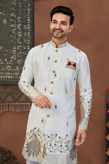 Cream Wedding Wear Art Silk Fabric Readymade Indo Western For Men