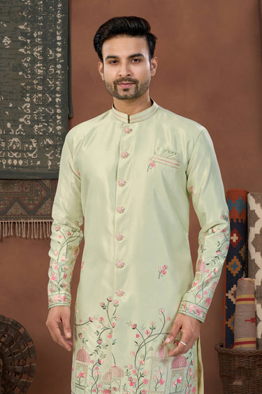 Art Silk Fabric Sea Green Wedding Wear Readymade Indo Western For Men