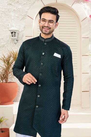 Dark Green Wedding Wear Jacquard Fabric Readymade Indo Western For Men
