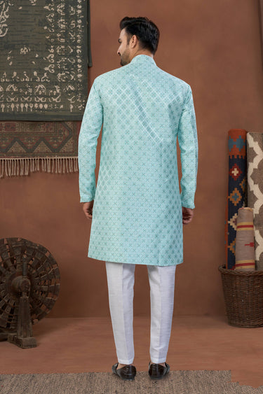 Off White Wedding Wear Jacquard Silk Fabric Readymade Indo Western For Men