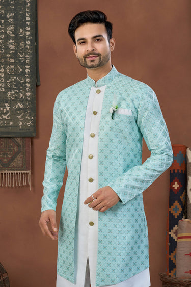 Off White Wedding Wear Jacquard Silk Fabric Readymade Indo Western For Men