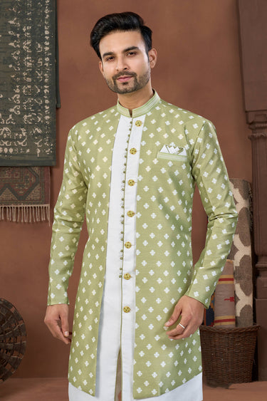 Off White Banarasi Silk Fabric Wedding Wear Readymade Indo Western For Men
