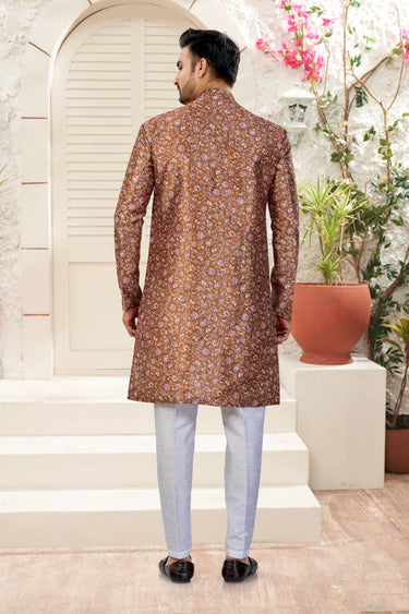 Banarasi Silk Off White Wedding Wear Readymade Indo Western For Men