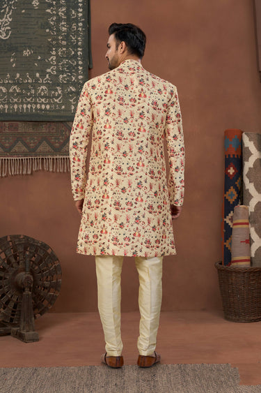 Beige Wedding Wear Banarasi Silk Fabric Readymade Indo Western For Men