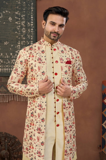 Beige Wedding Wear Banarasi Silk Fabric Readymade Indo Western For Men