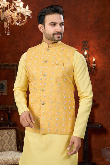 Yellow Wedding Wear Art Silk Readymade Kurta Pyjama For Men