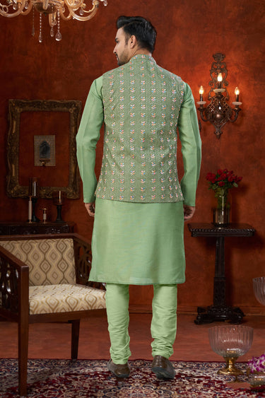Art Silk Fabric Green Wedding Wear Readymade Kurta Pyjama For Men
