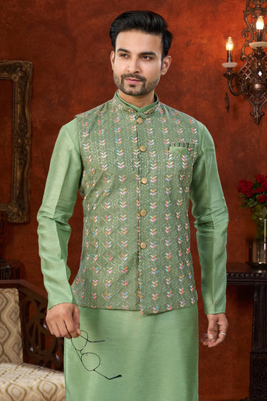Art Silk Fabric Green Wedding Wear Readymade Kurta Pyjama For Men