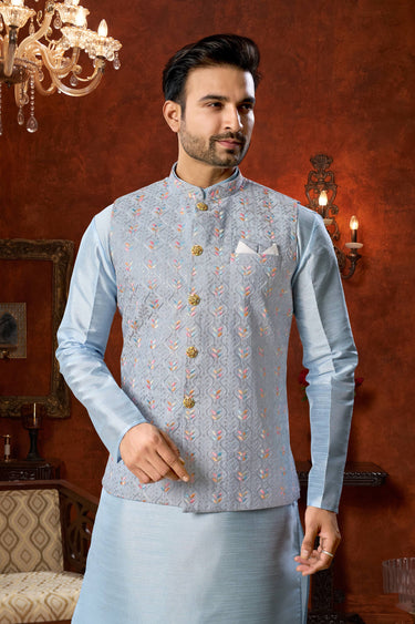 Cyan Wedding Wear Art Silk Readymade Kurta Pyjama For Men