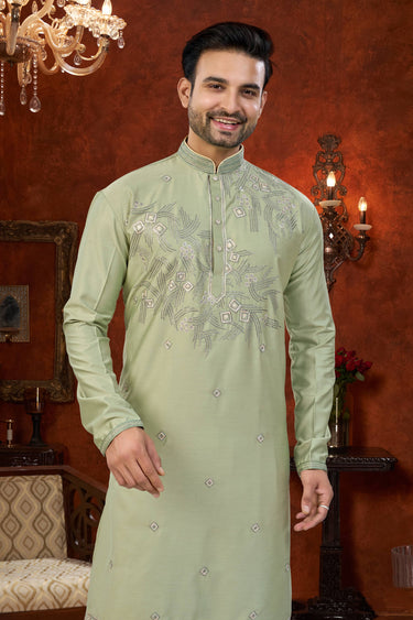 Sea Green Wedding Wear Art Silk Fabric Readymade Kurta Pyjama For Men