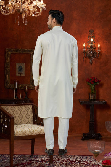 Cream Wedding Wear Art Silk Readymade Kurta Pyjama For Men