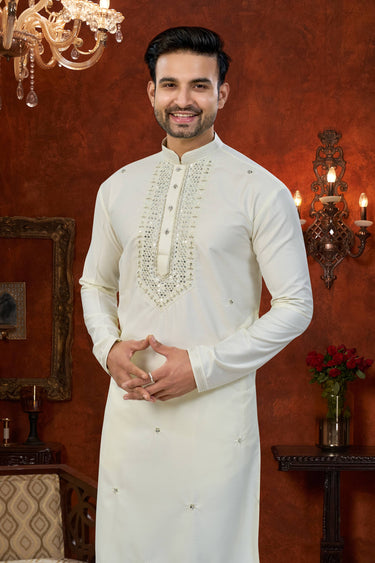 Cream Wedding Wear Art Silk Readymade Kurta Pyjama For Men