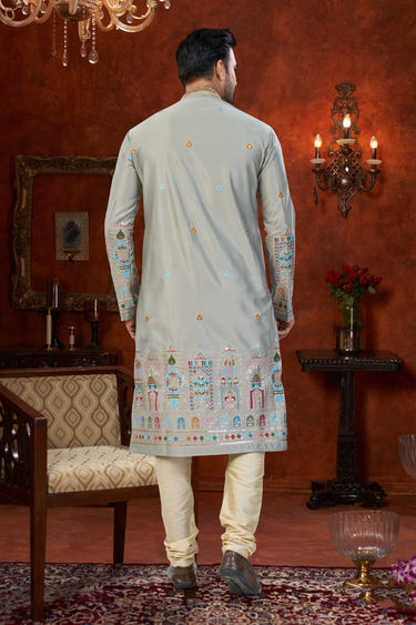 Grey Wedding Wear Art Silk Readymade Kurta Pyjama For Men
