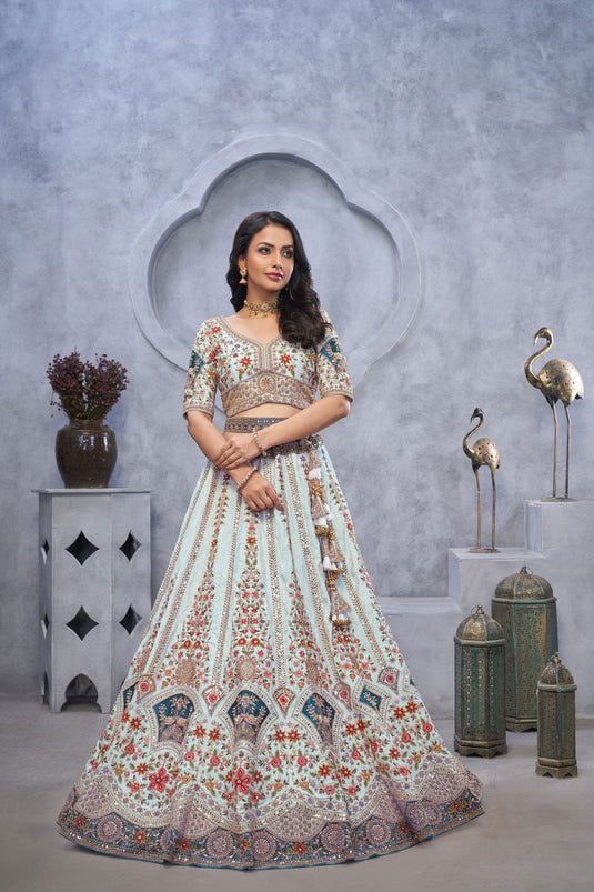 Enriching Organza Silk Sky Blue Wedding Lehenga Choli