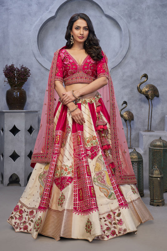 Splendiferous Organza Silk Beige Wedding Lehenga Choli