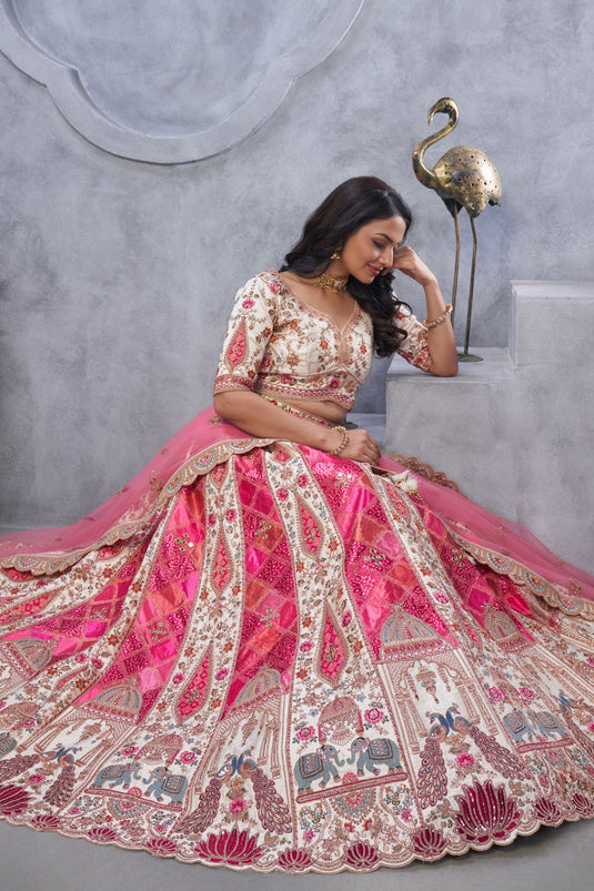 Alluring Organza Silk Beige Wedding Lehenga Choli