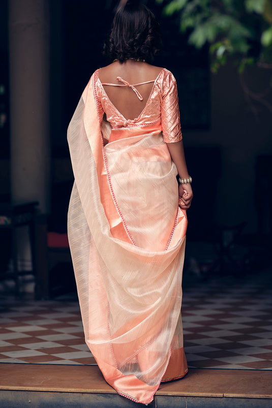 Exquisite Peach Color Organza Festive Wear Saree