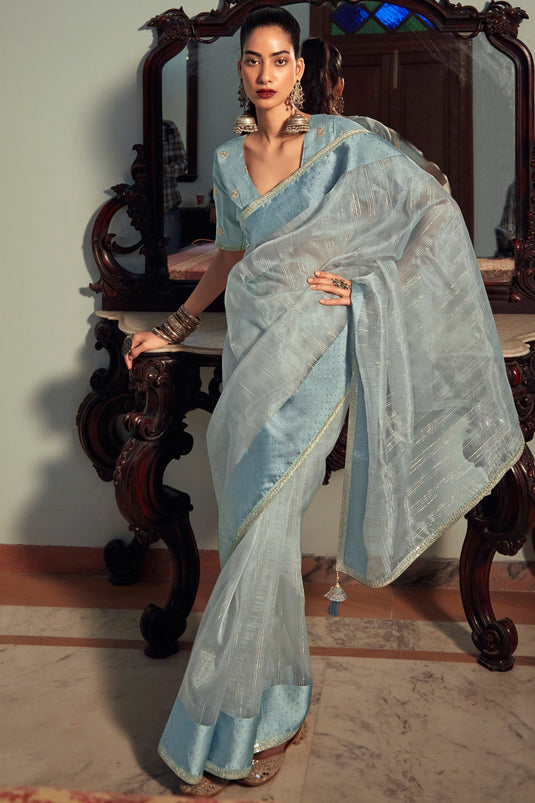 Classic Sky Blue Color Organza Festive Saree