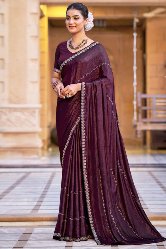 Charming Wine Chiffon Festive Saree With Fancy Border