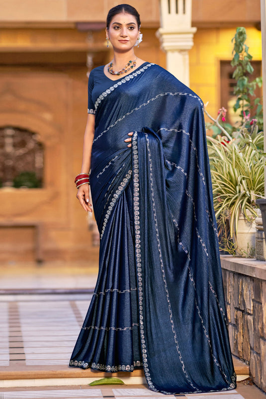 Graceful Navy Blue Chiffon Saree With Stylish Blouse