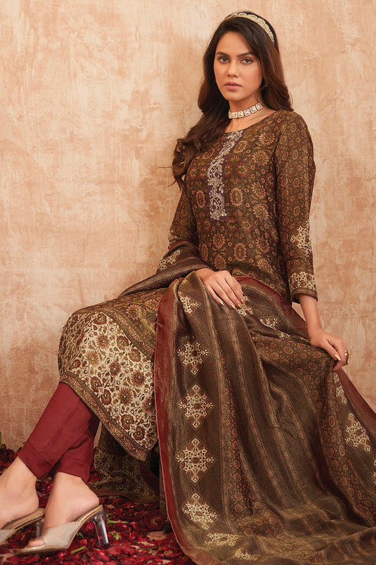 Brown Color Salwar Suit In Tissue Fabric