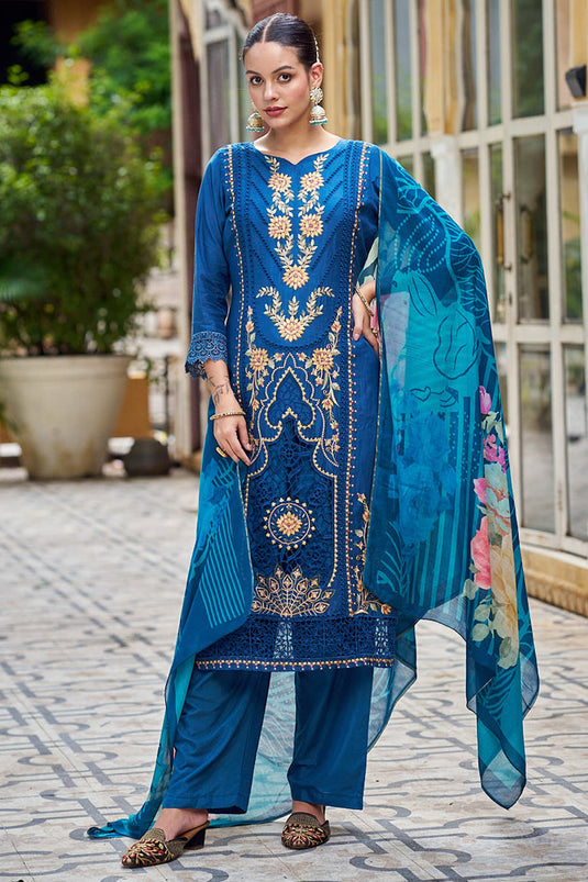 Festive Wear Embroidered Salwar Suit In Muslin Fabric