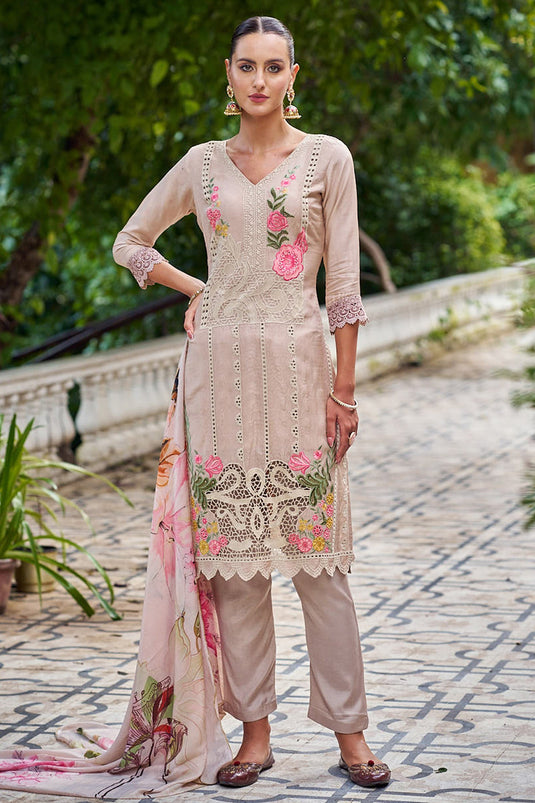 Function Wear Beige Color Suit In Muslin Fabric