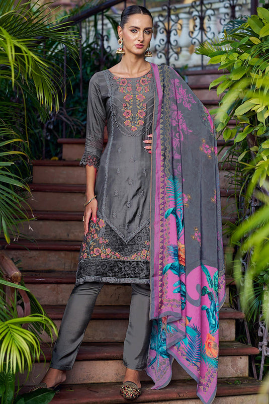 Festive Wear Muslin Fabric Salwar Suit In Grey Color