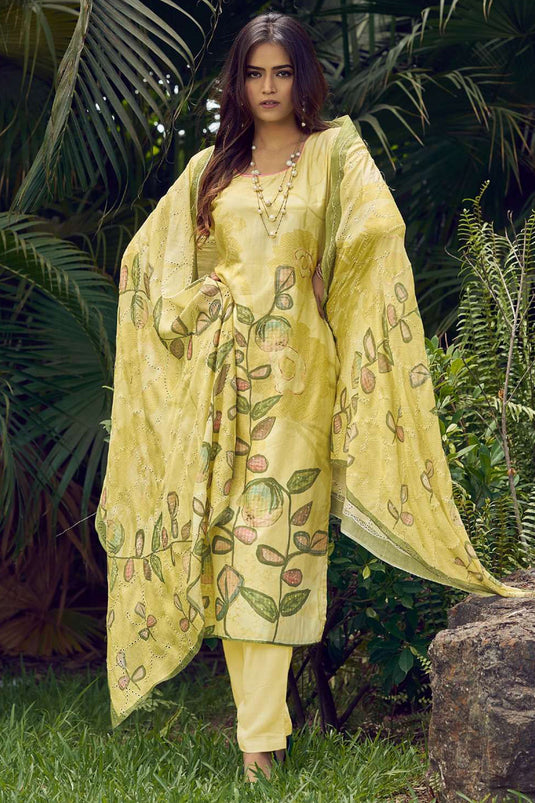 Lemon Yellow Casual Muslin Printed Salwar Kameez