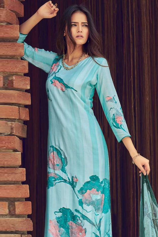 Sky Blue Casual Printed Salwar Kameez