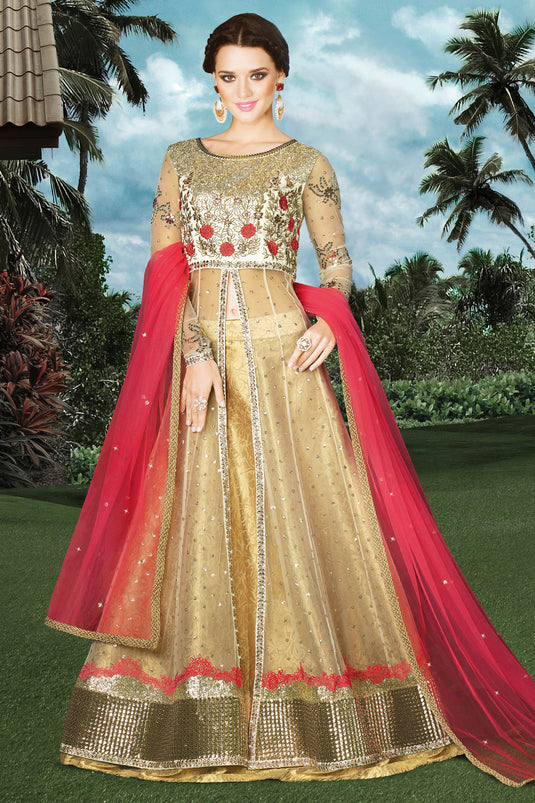 Beige Net Embroidery Work Anarkali Salwar Kameez