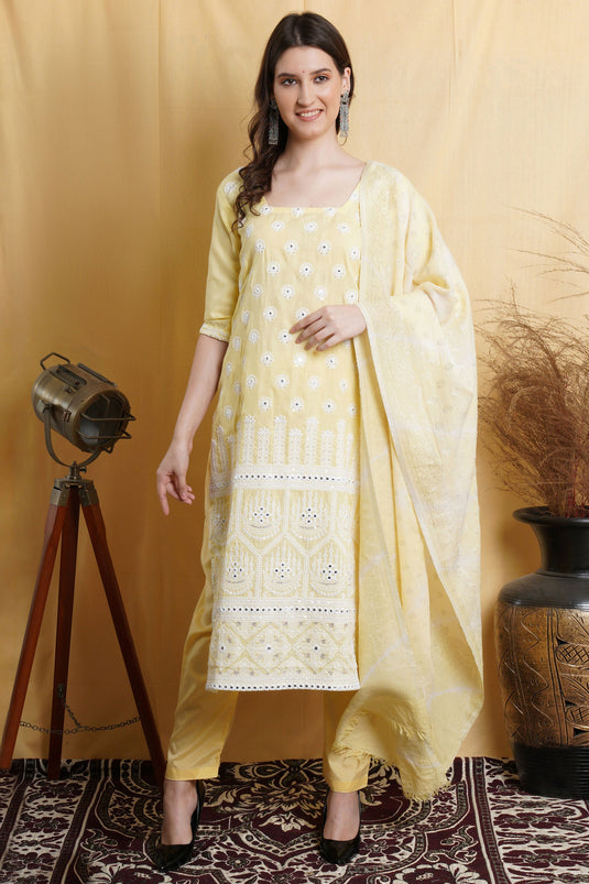 Yellow Cotton Embroidery Salwar Kameez