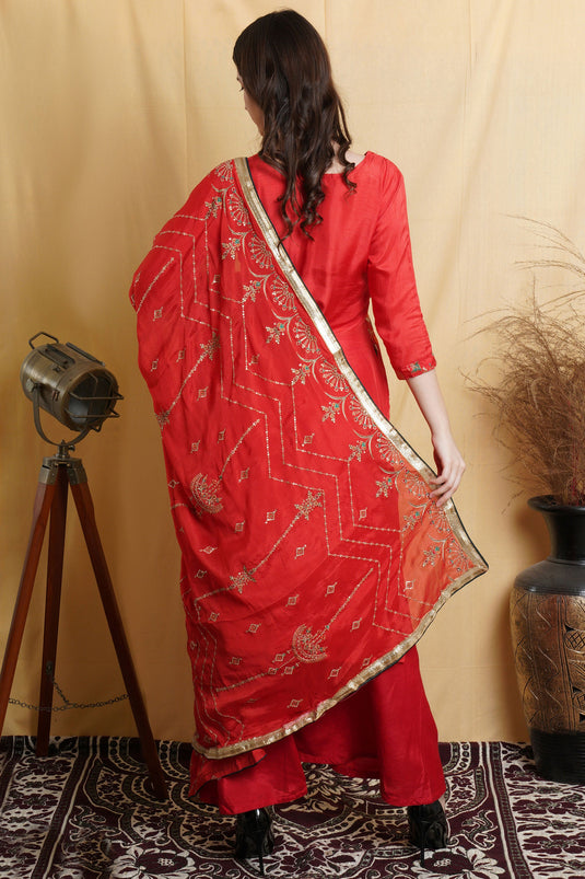 Red Art Silk Weaving Work Function Wear Palazzo Salwar Kameez