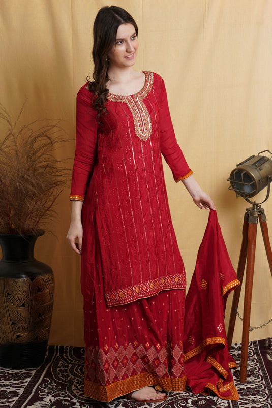 Red Color Sharara Style Palazzo Salwar Suit