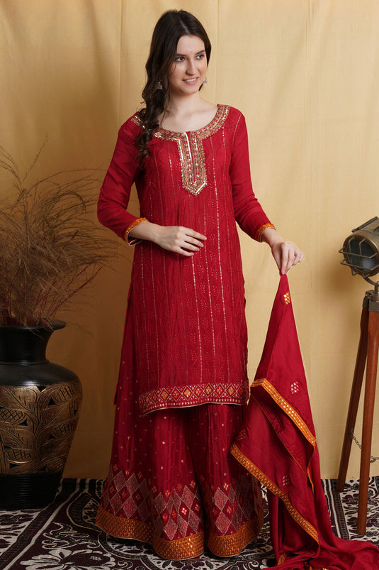 Red Color Sharara Style Palazzo Salwar Suit