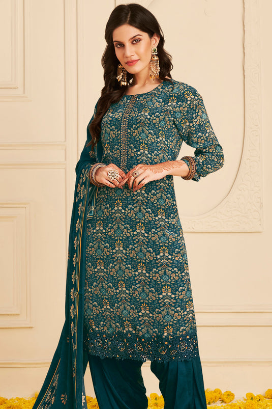 Navy Blue Crepe Printed Casual Patiala Salwar Kameez