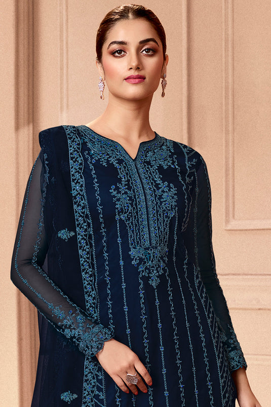 Navy Blue Net Embroidery Festive Wear Palazzo Suit