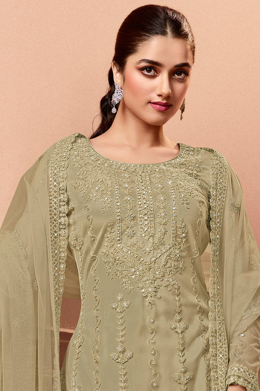 Beige Net Embroidery Sangeet Wear Palazzo Dress