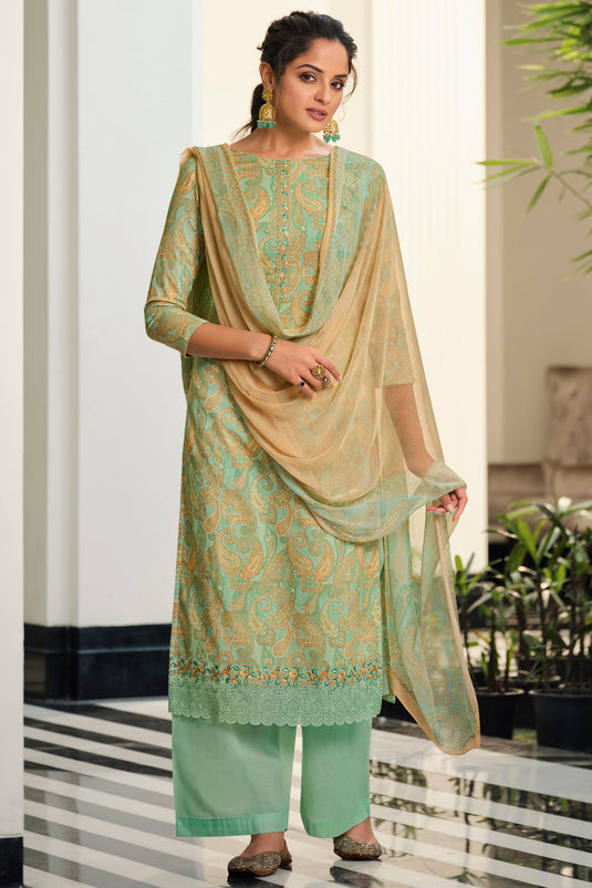 Sea Green Cotton Printed Daily Wear Palazzo Salwar Kameez